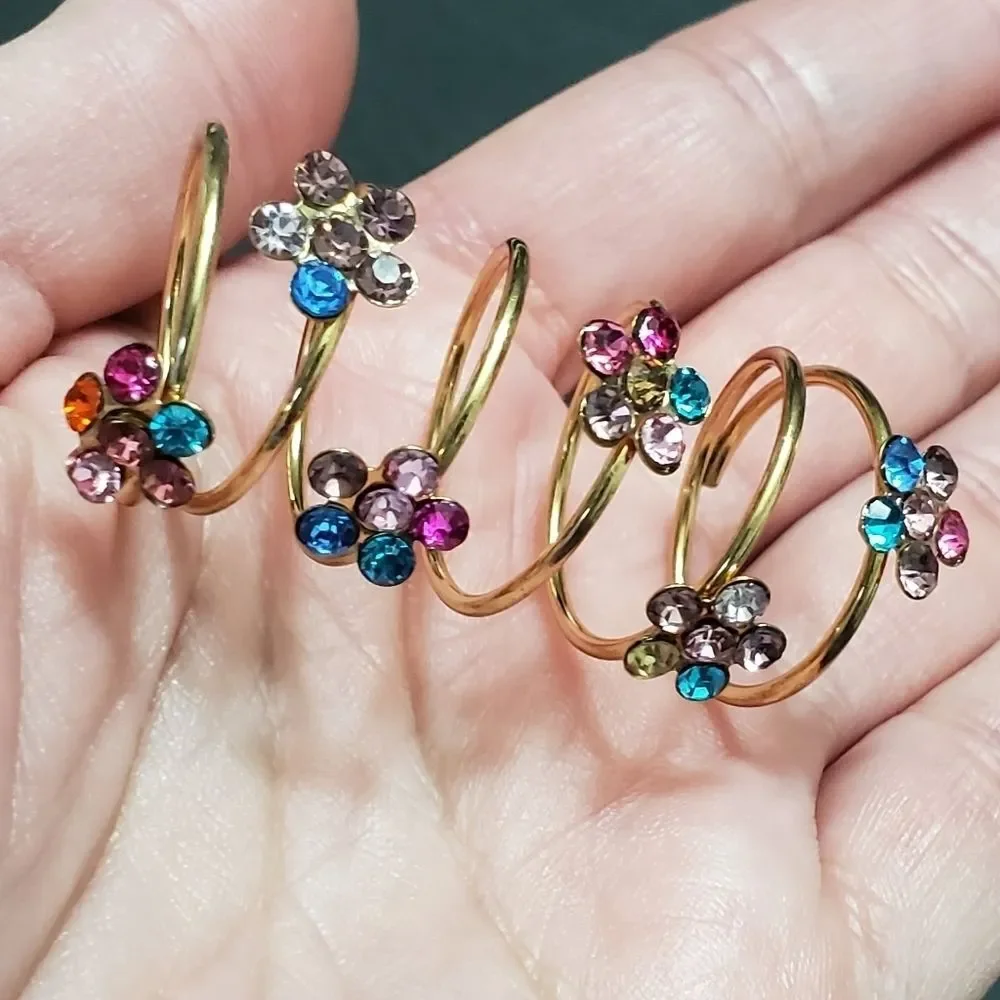 Gold tone spring-like flower ring blue pink